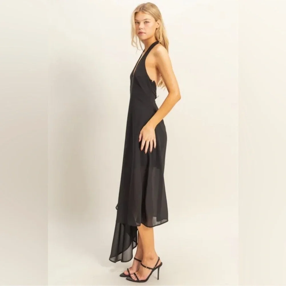 Black Halter Rosette Asymmetrical Dress - Picture 3 of 10